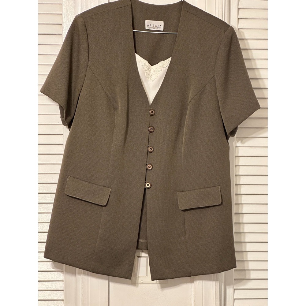 Alesia Int'l Women's Short Sleeve Brown/Green Blazer, Dickey/Shoulder Pads ~ 2X